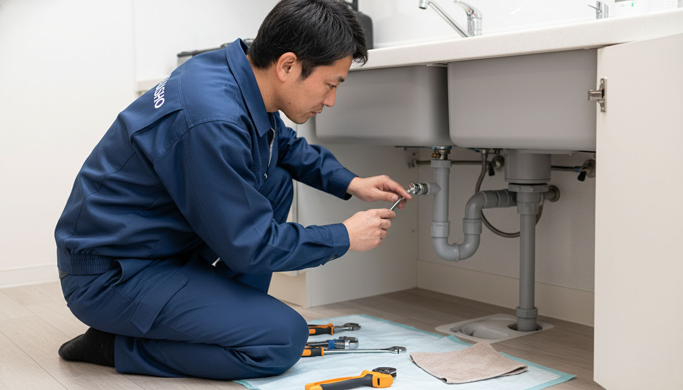 入居者からのSOSを受け、株式会社高翔の職人が迅速に駆けつけて水回りのトラブルを修理している様子