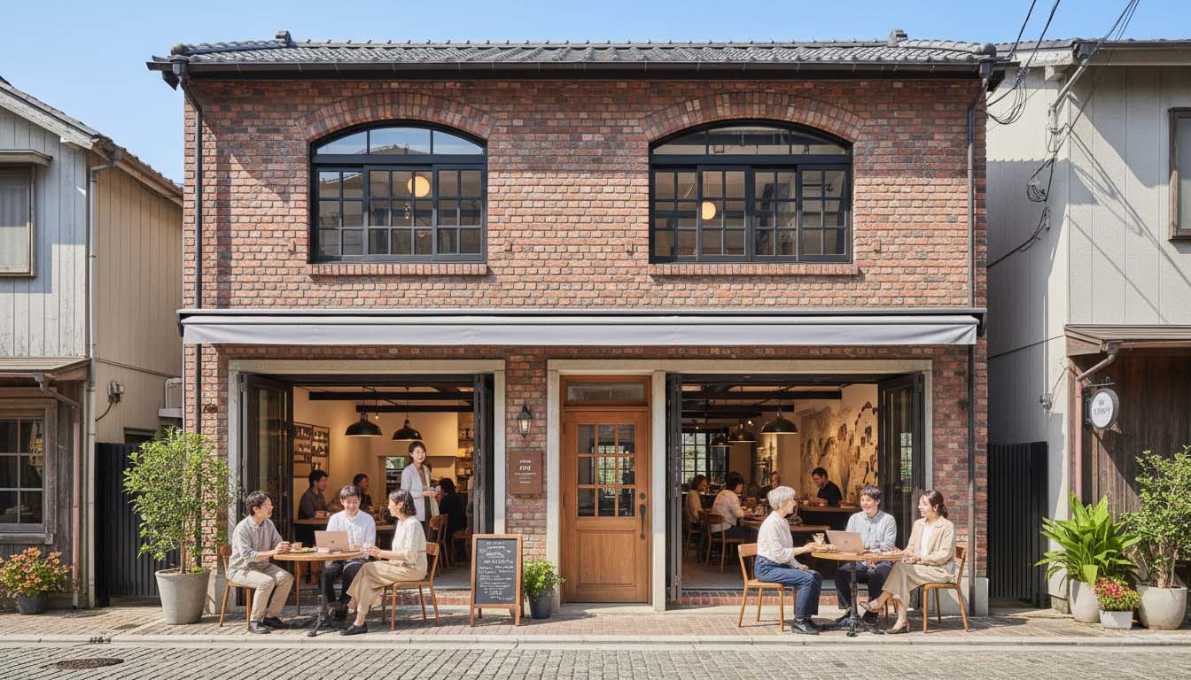 地域住民が集うおしゃれなカフェやコミュニティスペースとして再生された建物の外観
