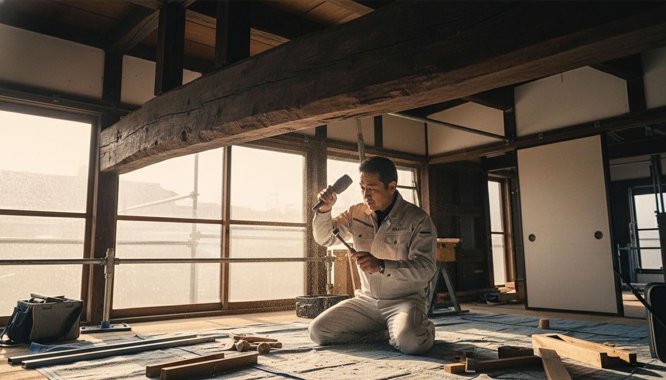 株式会社高翔の職人が、古い建物の趣を残しながら現代の耐震基準とデザインに合わせてリノベーションしている様子