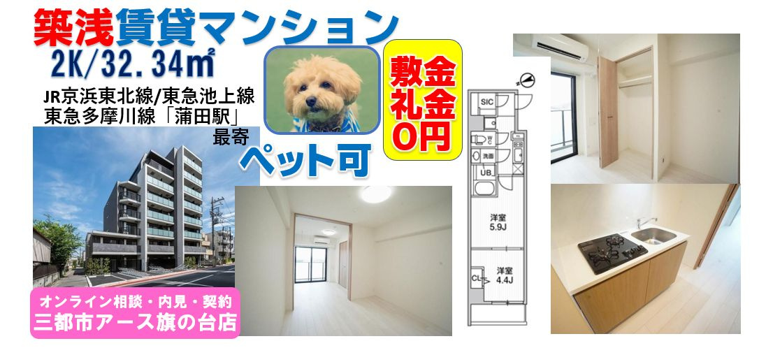 【ＴＡＳＵＫＩ　ＲＩＣＨＥＳＳＥ　ＫＡＭＡＴＡ】築浅・賃貸マンション・敷礼0円・ペット可・2K・1DK・JR京浜東北線・蒲田駅