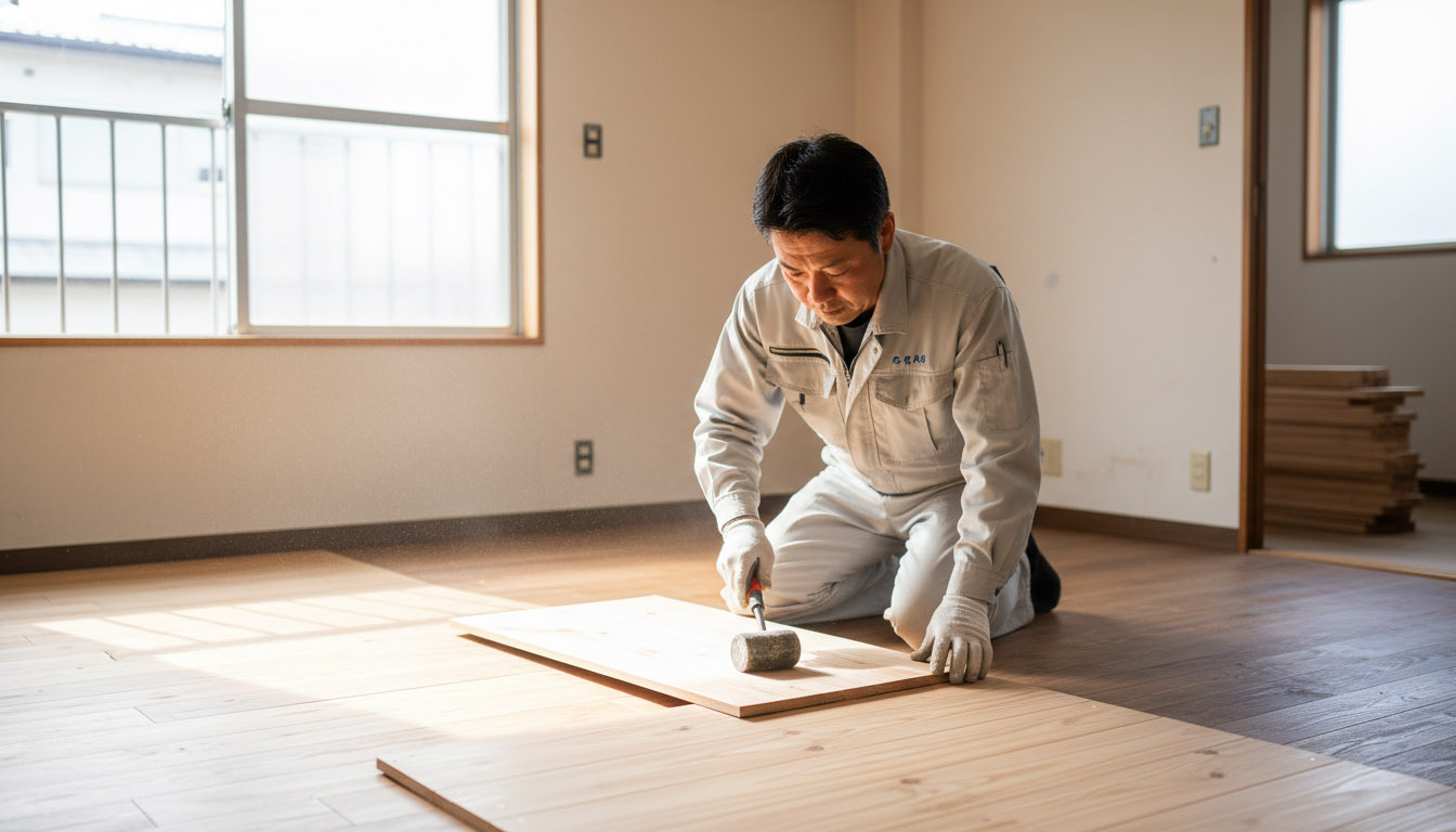 工務店の自社の職人が、中古アパートの室内を丁寧にリノベーション施工している現場風景
