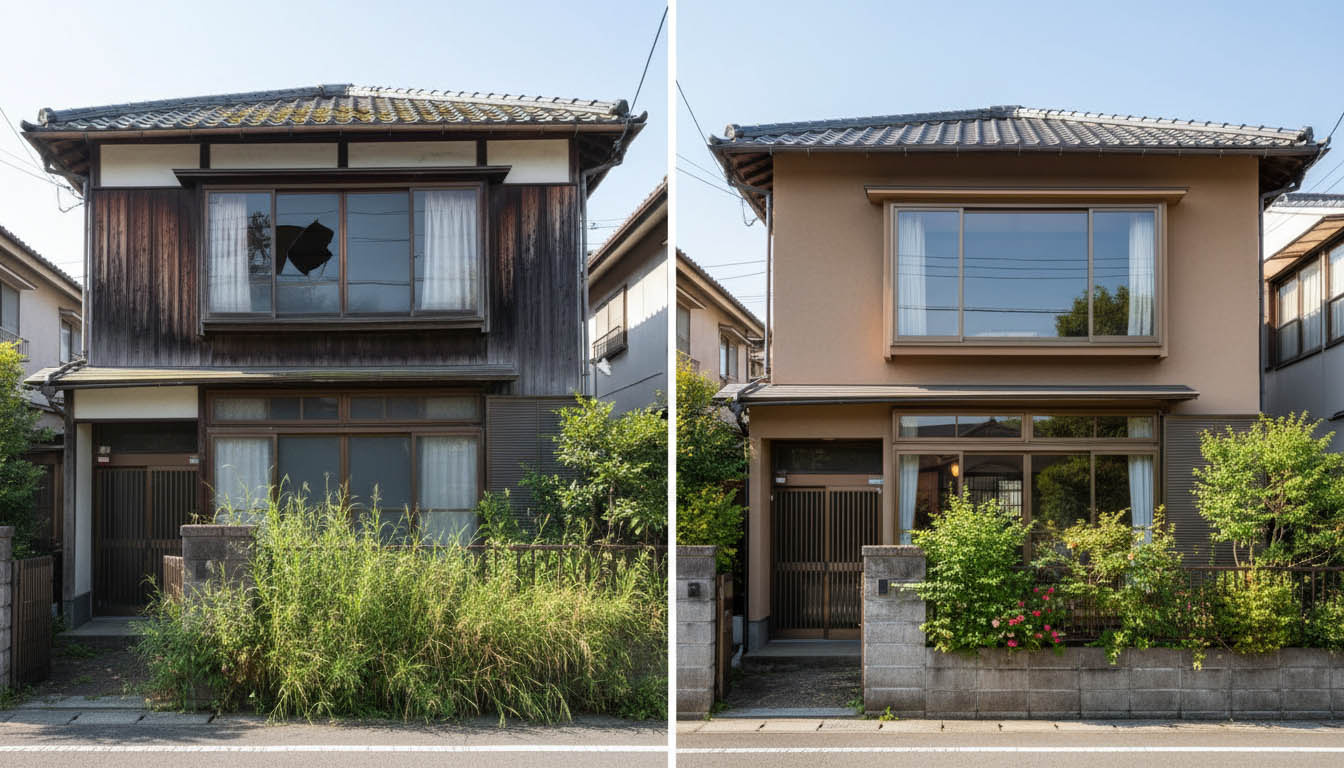 放置された築古の空き家が、街の景観に溶け込む美しい収益物件へと生まれ変わるビフォーアフターのイメージ