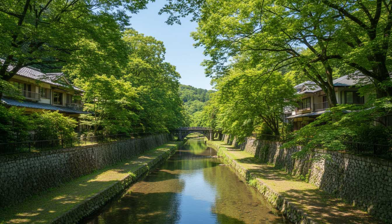 緑豊かな芦屋川と、フランク・ロイド・ライト設計のヨドコウ迎賓館が象徴する文化的な街並み