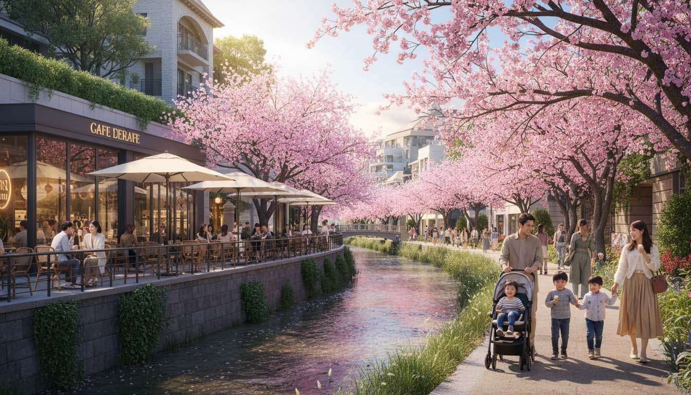 芦屋川の桜や西宮ガーデンズ、御影だんじりなど阪神間の魅力あふれる風景のコラージュイメージ