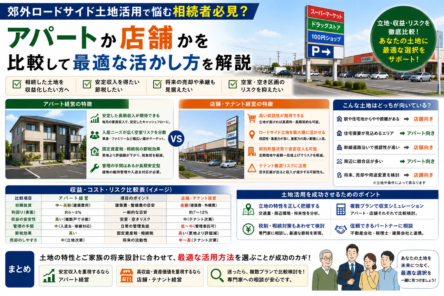 郊外ロードサイド土地活用で悩む相続者必見?アパートか店舗かを比較して最適な活かし方を解説の画像