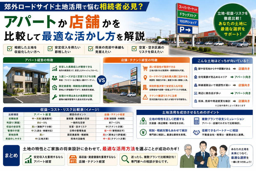 郊外ロードサイド土地活用で悩む相続者必見？アパートか店舗かを比較して最適な活かし方を解説の画像