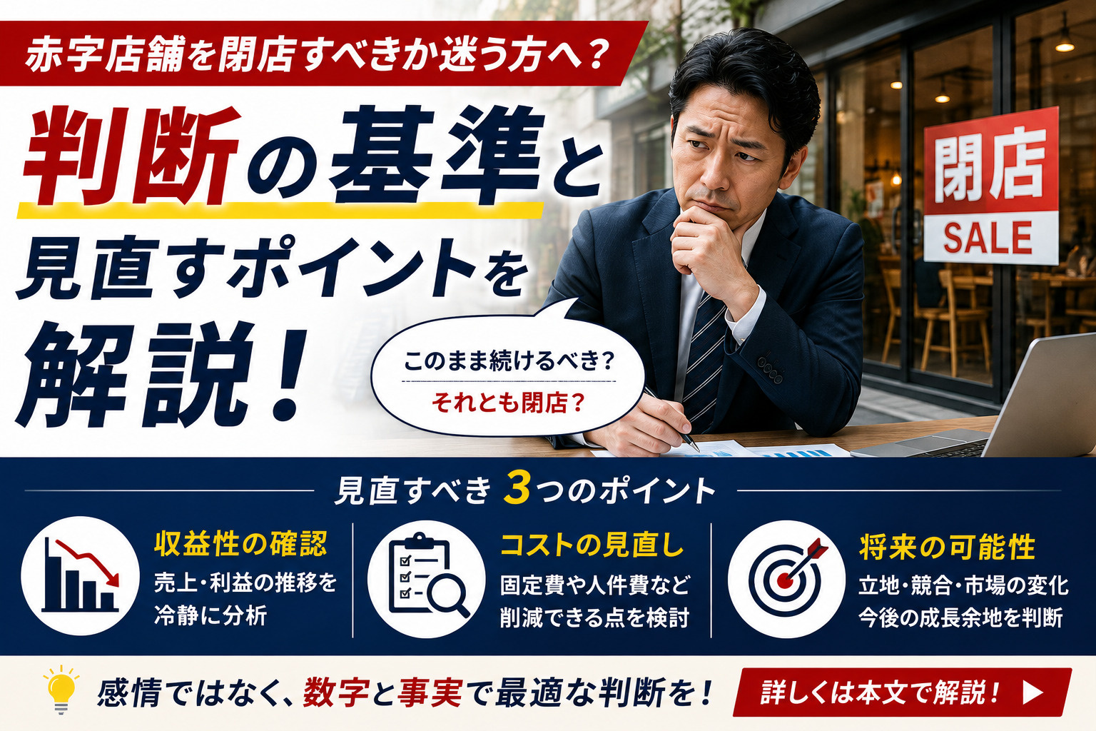 赤字店舗を閉店すべきか迷う方へ？判断の基準と見直すポイントを解説の画像