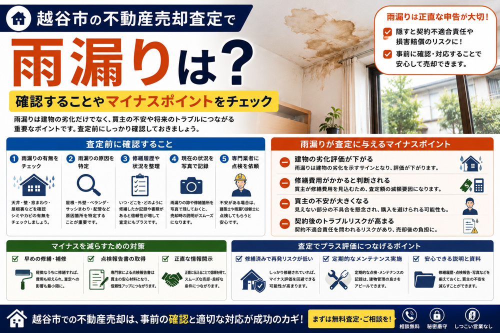 越谷市の不動産売却で雨漏り被害が見つかったら？火災保険と告知義務申告のポイントを解説の画像