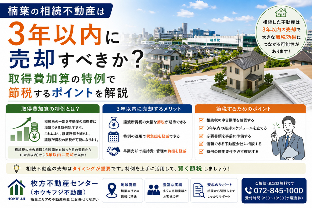 楠葉の相続不動産は3年以内に売却すべきか？取得費加算の特例で節税するポイントを解説の画像