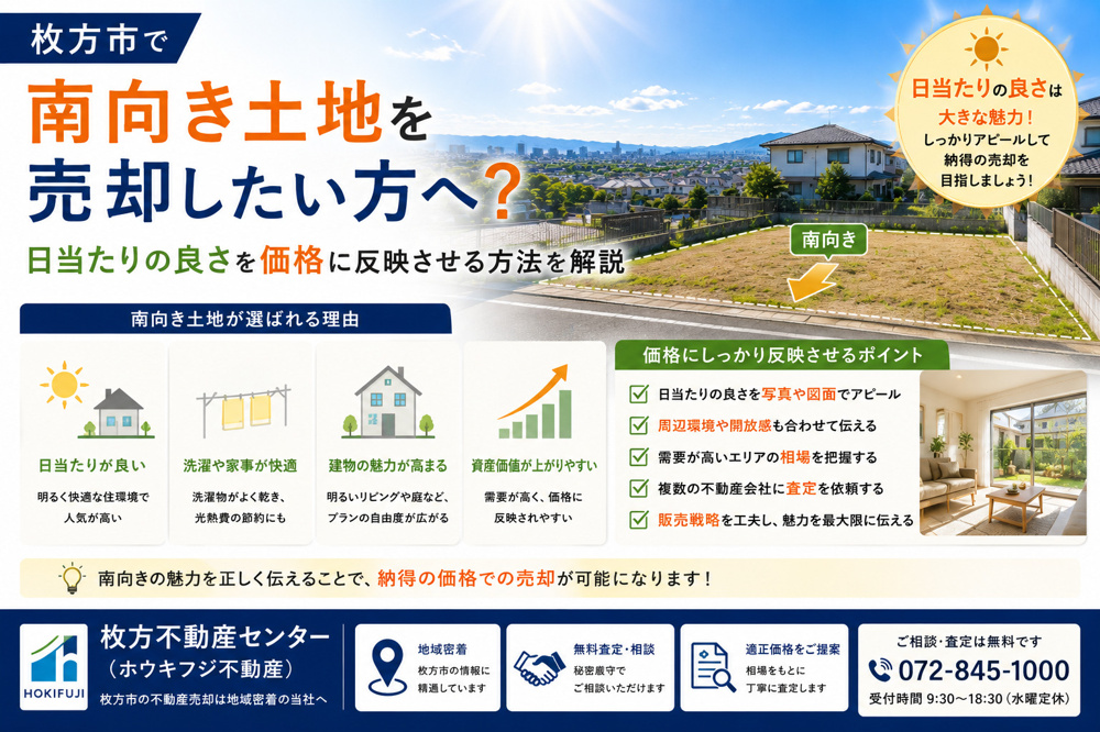 枚方市で南向き土地を売却したい方へ？日当たりの良さを価格に反映させる方法を解説の画像