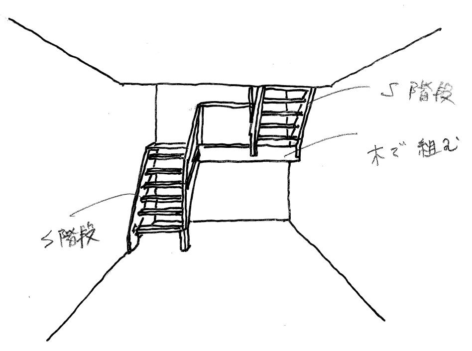 1.5帖の踊り場がある階段案の手書きスケッチ