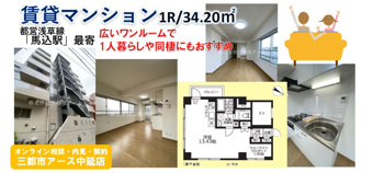 広い！仕切りのない13.4帖の1R・賃貸マンション｜大田区南馬込の画像