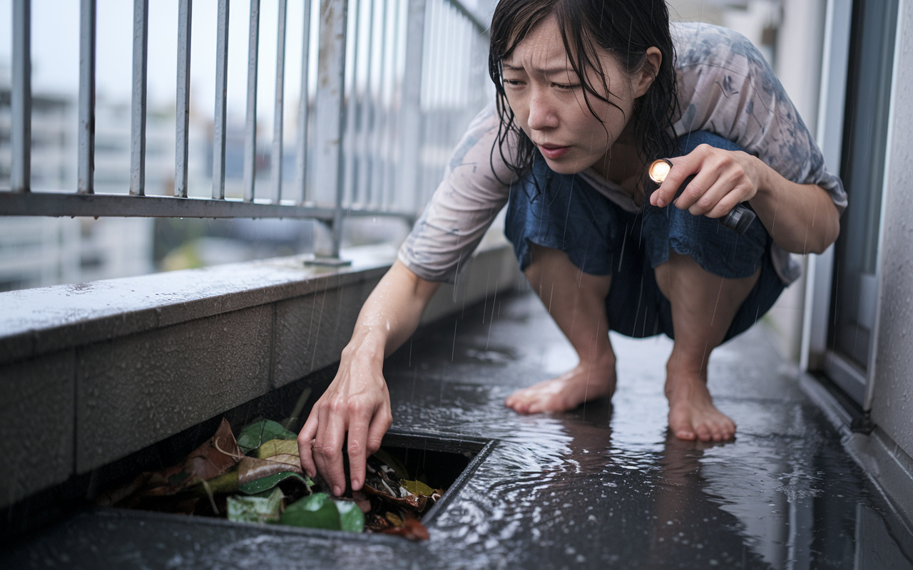 雨の日のベランダ排水が不安な方へ!詰まりを防ぐ対策と安全なチェック方法の画像