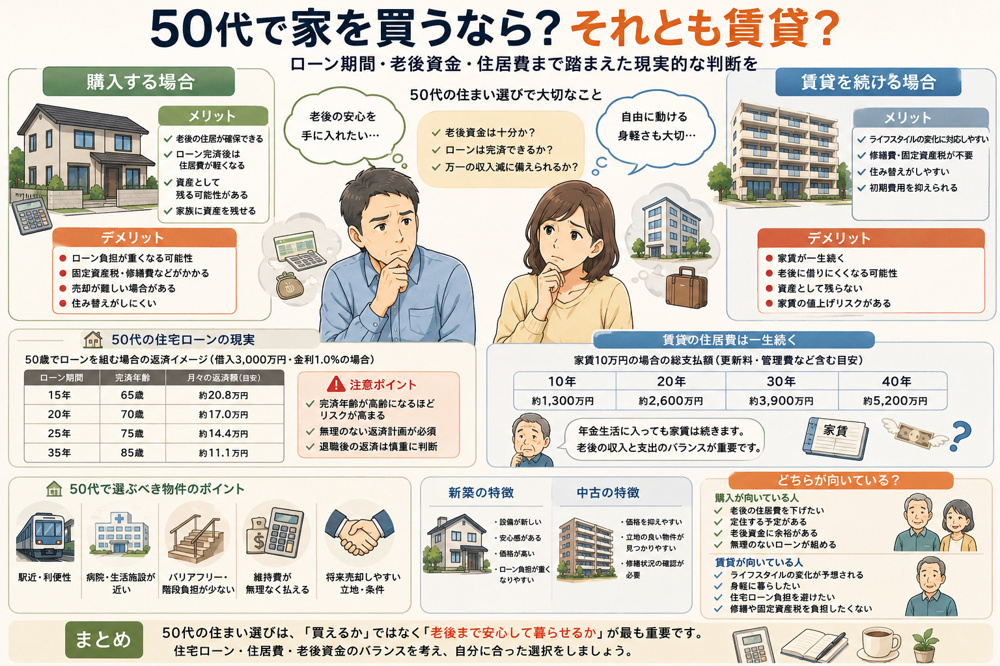 50代で家を買うべき？それとも賃貸？老後・住宅ローン・維持費まで踏まえた現実的な判断基準の画像