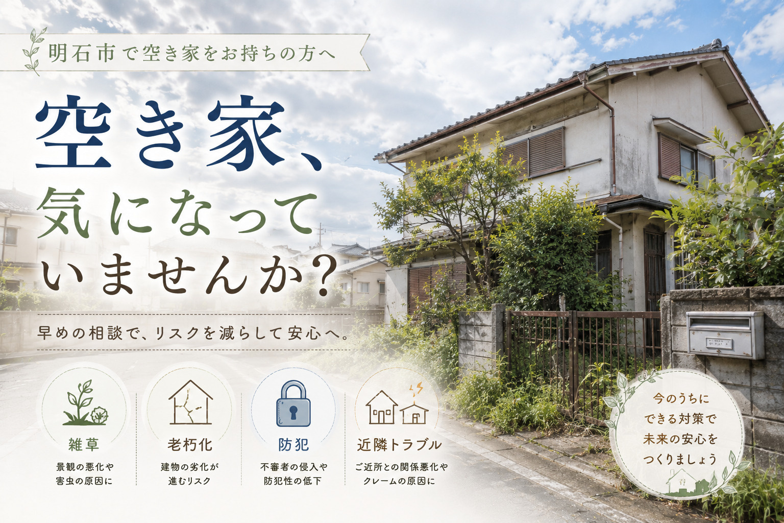 空き家を明石市で放置していませんか？早めの相談でリスクを減らす方法を解説の画像