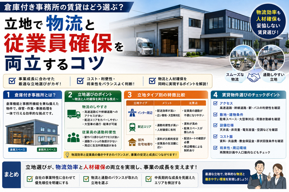 倉庫付き事務所の賃貸はどう選び方が重要？立地で物流と従業員確保を両立するコツの画像