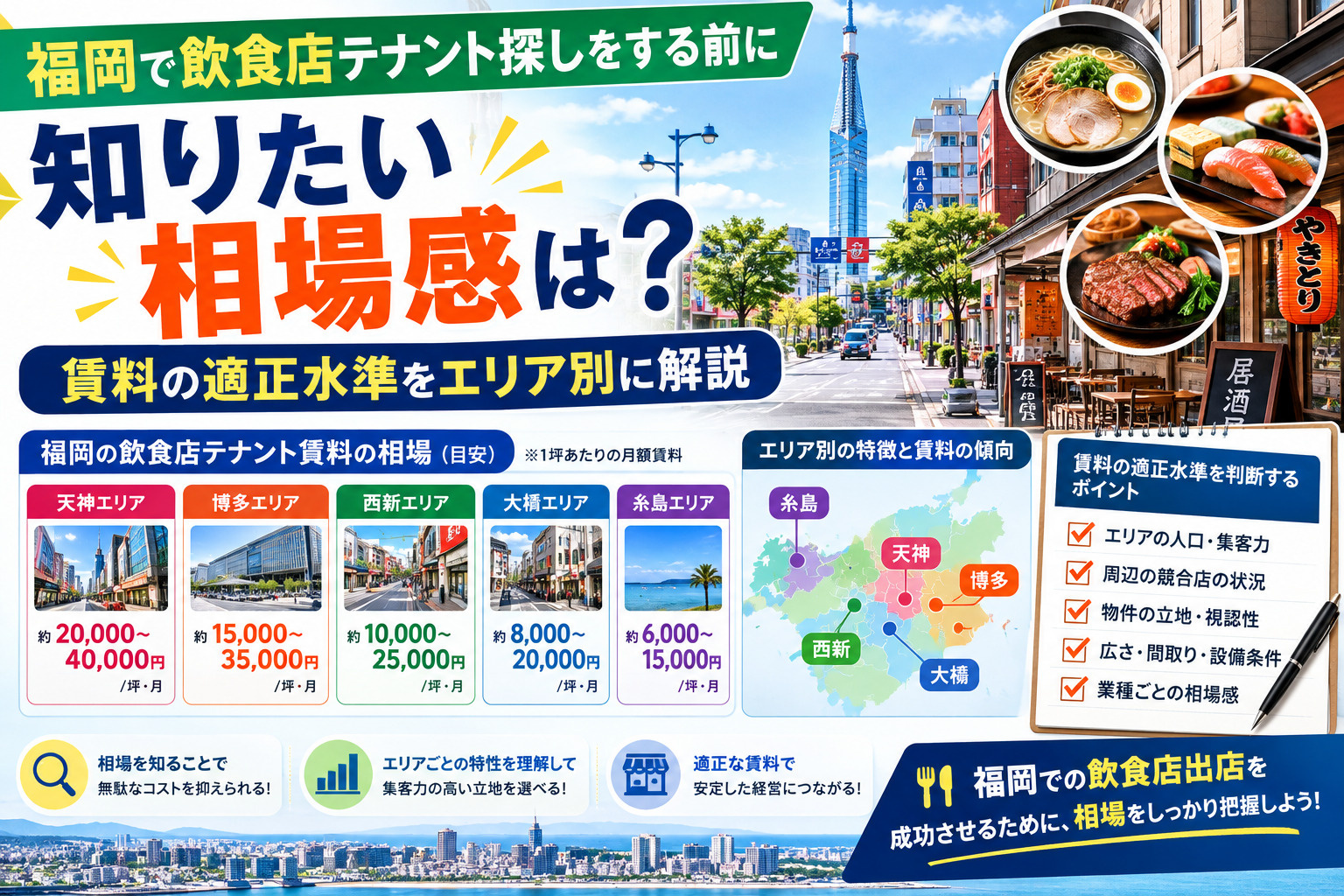 福岡で飲食店テナント探しをする前に知りたい相場感は？賃料の適正水準をエリア別に解説の画像