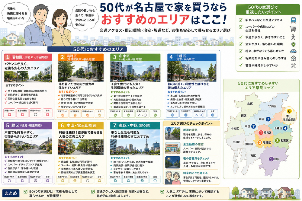 50代が名古屋で家を買うならどこがおすすめ？老後・交通アクセス・坂道・治安まで踏まえた現実的なエリア選びの画像