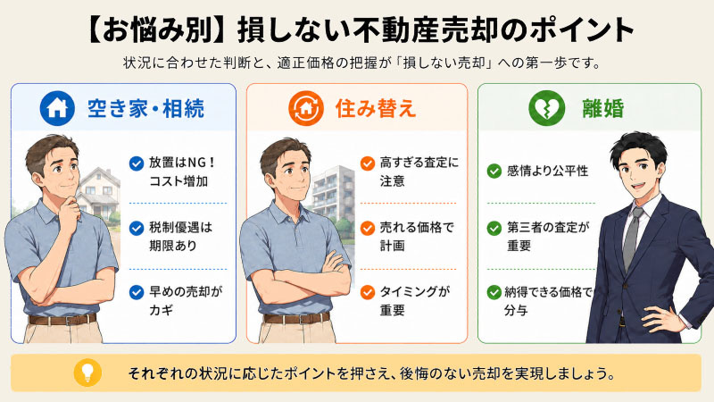 【お悩み別】空き家・住み替え・離婚・相続で損をしないためのポイント