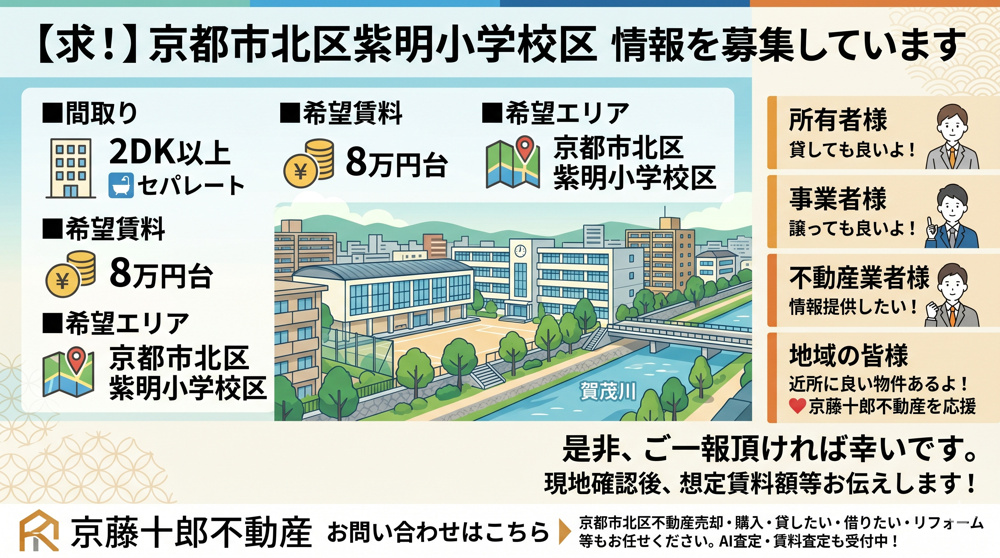 【求！】京都市北区紫明小学校区　２DK以上　賃料8万円台の画像