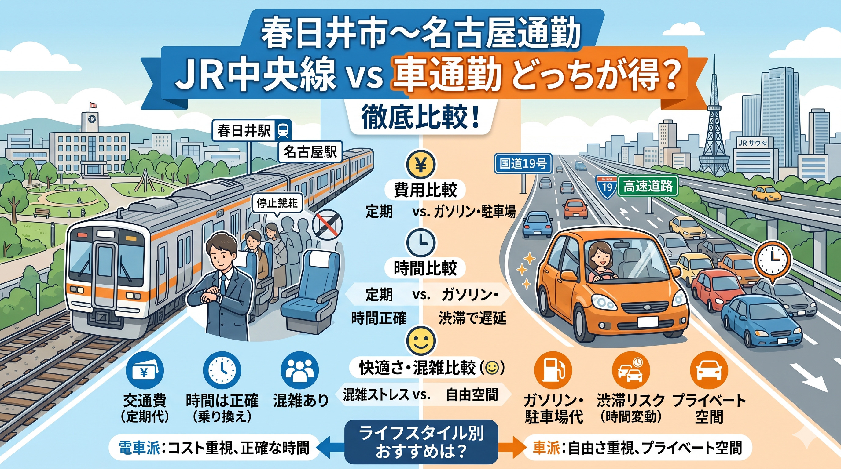 春日井市から名古屋通勤はJR中央線か車通勤かどっちが得か?費用時間混雑を比較して最適な通勤手段を選ぶ方法の画像