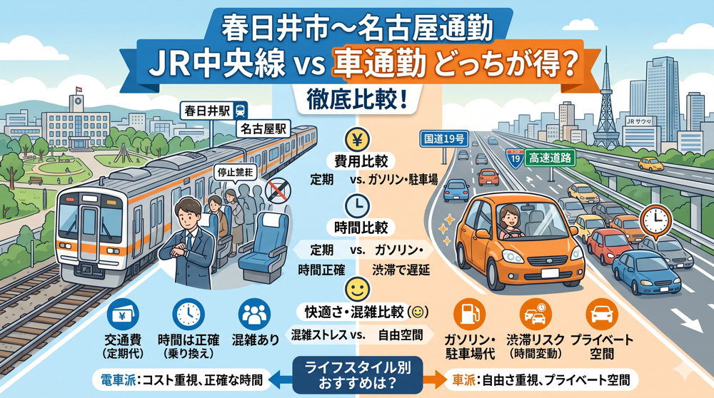 春日井市から名古屋通勤はJR中央線か車通勤かどっちが得か？費用時間混雑を比較して最適な通勤手段を選ぶ方法の画像