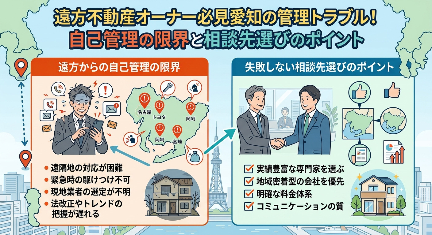 遠方不動産オーナー必見愛知の管理トラブル！自己管理の限界と相談先選びのポイントの画像