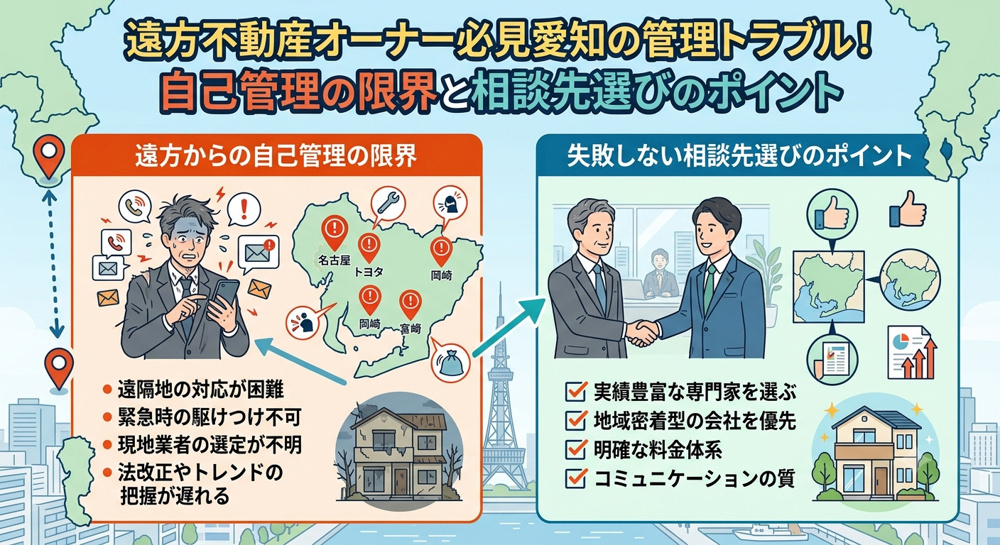 遠方不動産オーナー必見愛知の管理トラブル！自己管理の限界と相談先選びのポイントの画像