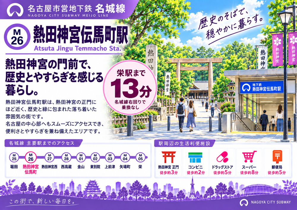 地下鉄名城線「熱田神宮伝馬町駅」は住みやすい？熱田神宮・学区・地価を解説の画像