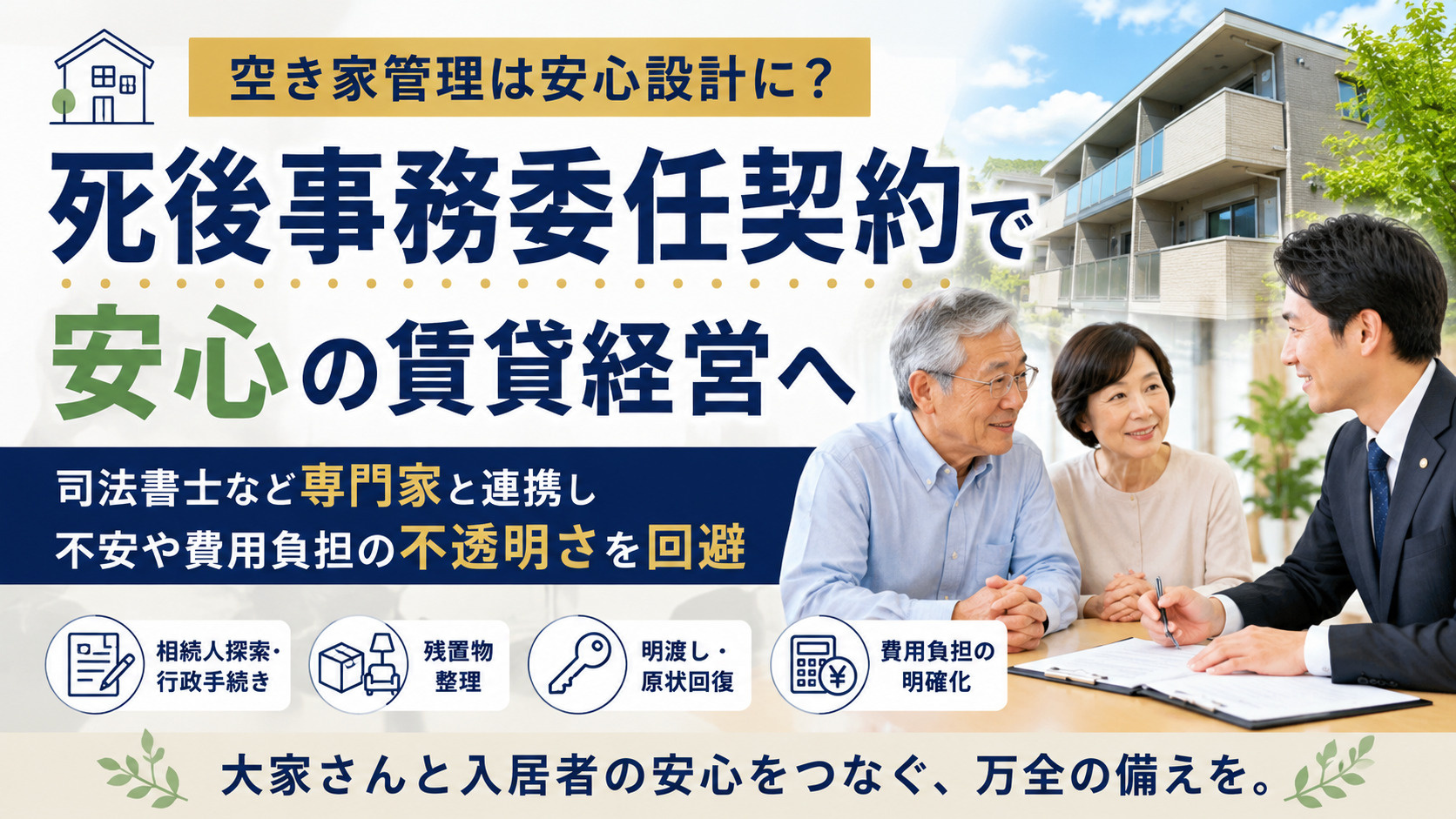死後事務委任契約で空き家管理は安心?残置物整理や費用負担の不安を解消の画像