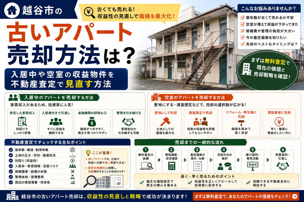 越谷市の古いアパート売却方法は？入居中や空室の収益物件を不動産査定で見直す方法の画像