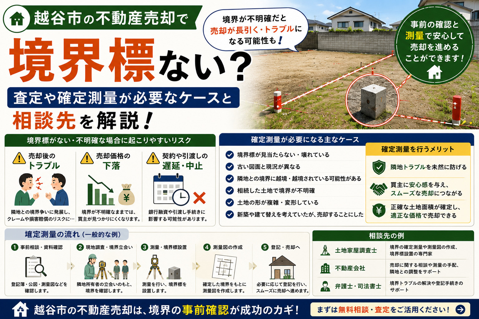 越谷市の不動産売却で境界標ない？査定や確定測量が必要なケースと相談先を解説の画像