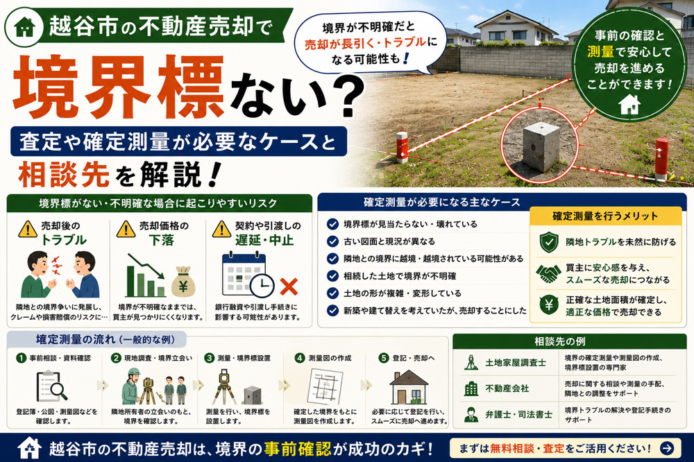 越谷市の不動産売却で境界標ない？査定や確定測量が必要なケースと相談先を解説の画像