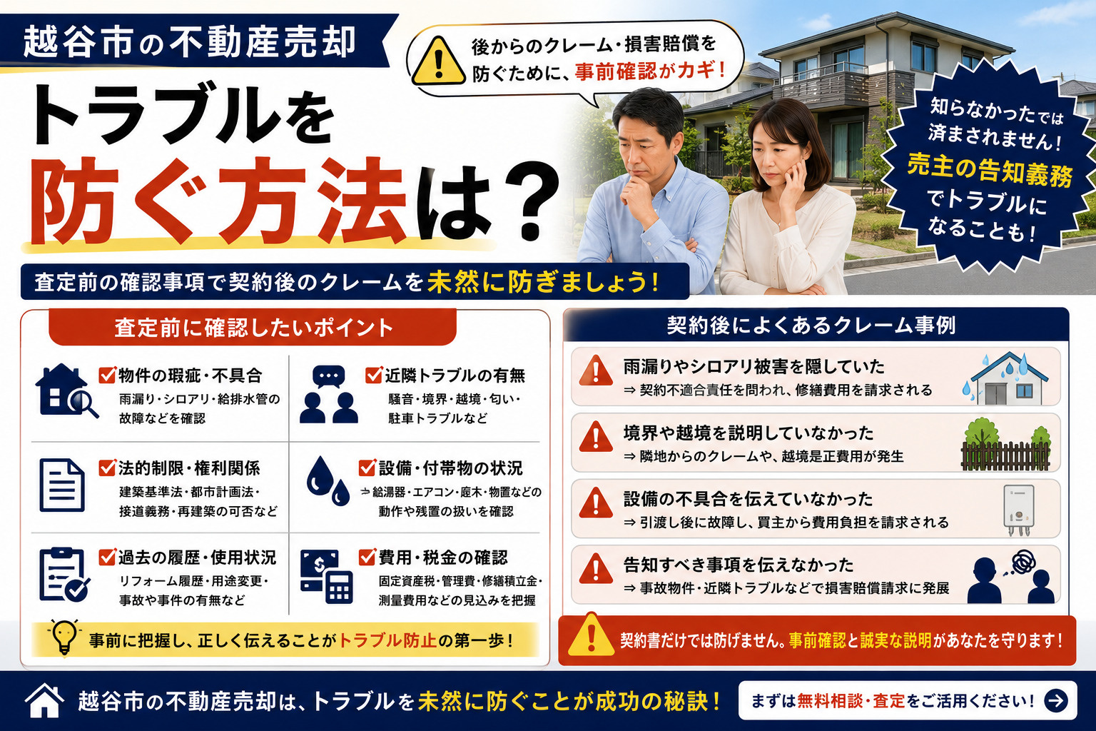 越谷市の不動産売却トラブルを防ぐ方法は?査定前の確認事項と契約後クレーム事例失敗注意点と留意事項の画像