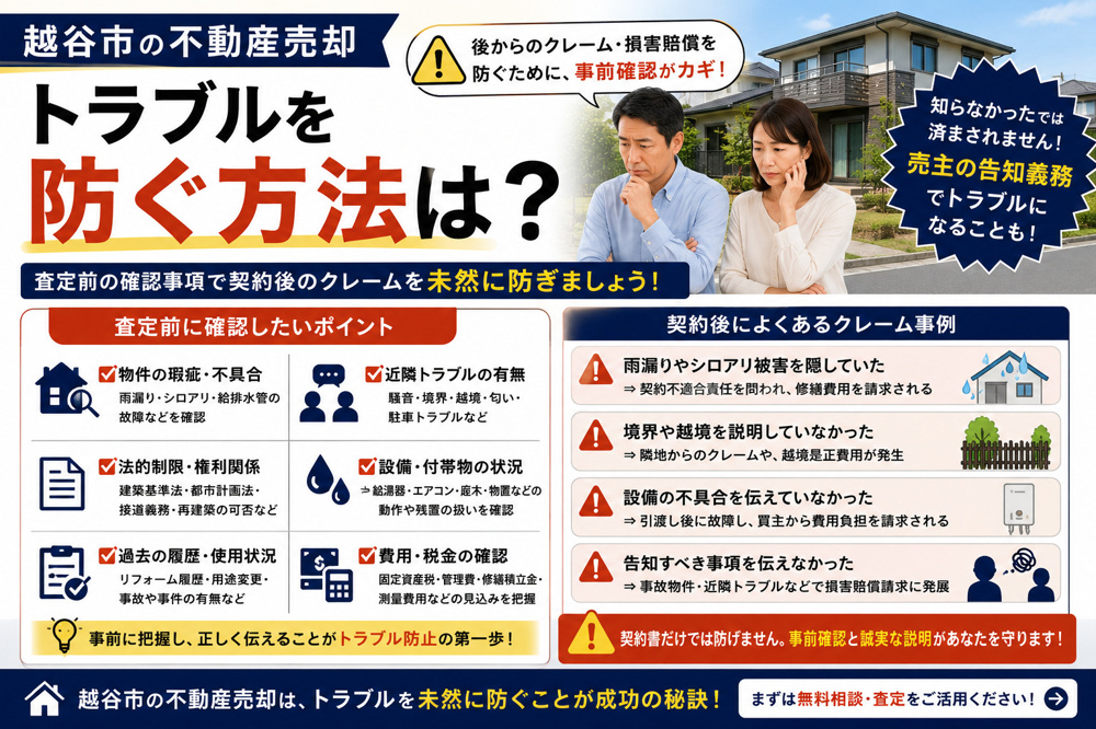 越谷市の不動産売却トラブルを防ぐ方法は？査定前の確認事項と契約後クレーム事例失敗注意点と留意事項の画像