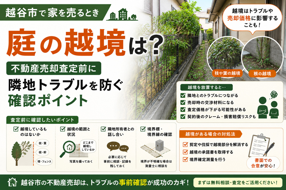 越谷市で家を売るとき庭の越境は？不動産売却査定前に隣地トラブルを防ぐ確認ポイントの画像