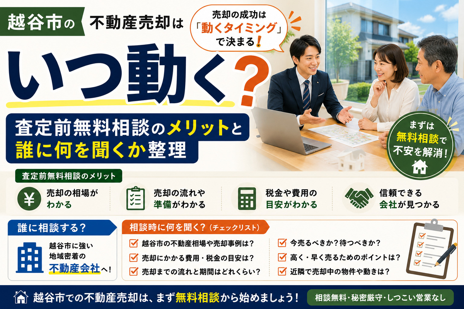 越谷市の不動産売却はいつ動く？査定前無料相談のメリットと誰に何を聞くか整理の画像