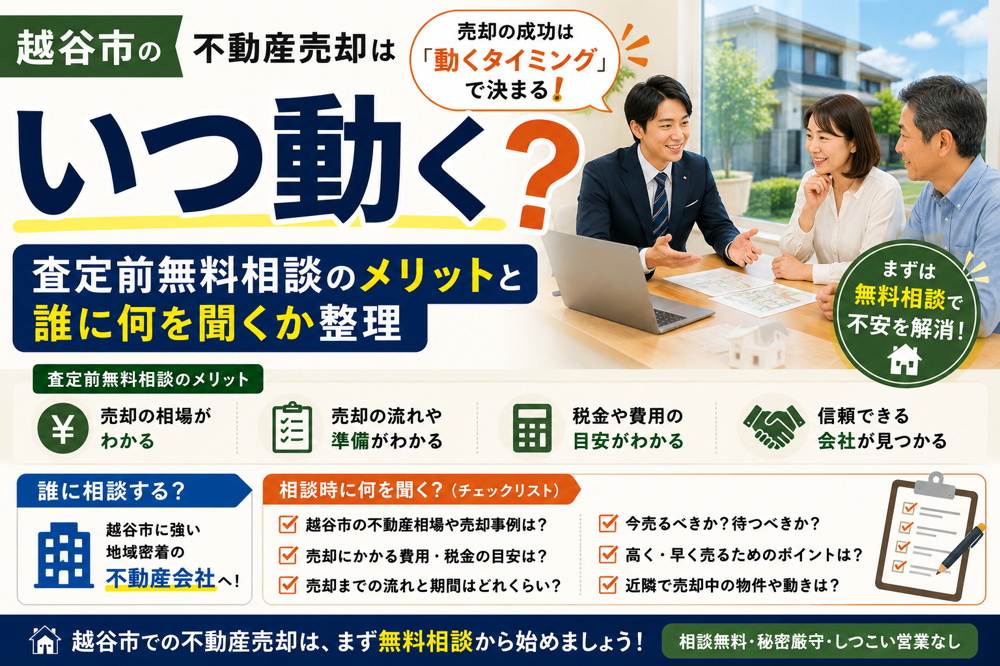 越谷市の不動産売却はいつ動く？査定前無料相談のメリットと誰に何を聞くか整理の画像