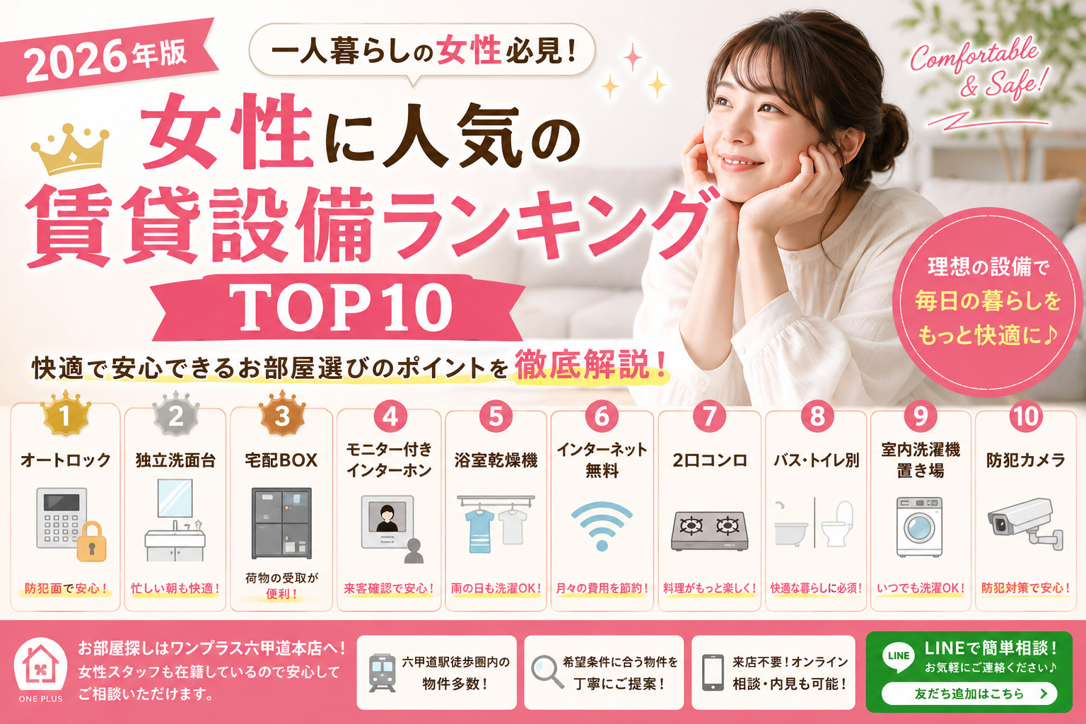 【2026年版】女性に人気の賃貸設備ランキングTOP10｜一人暮らしで後悔しないお部屋選びのポイントとは？の画像