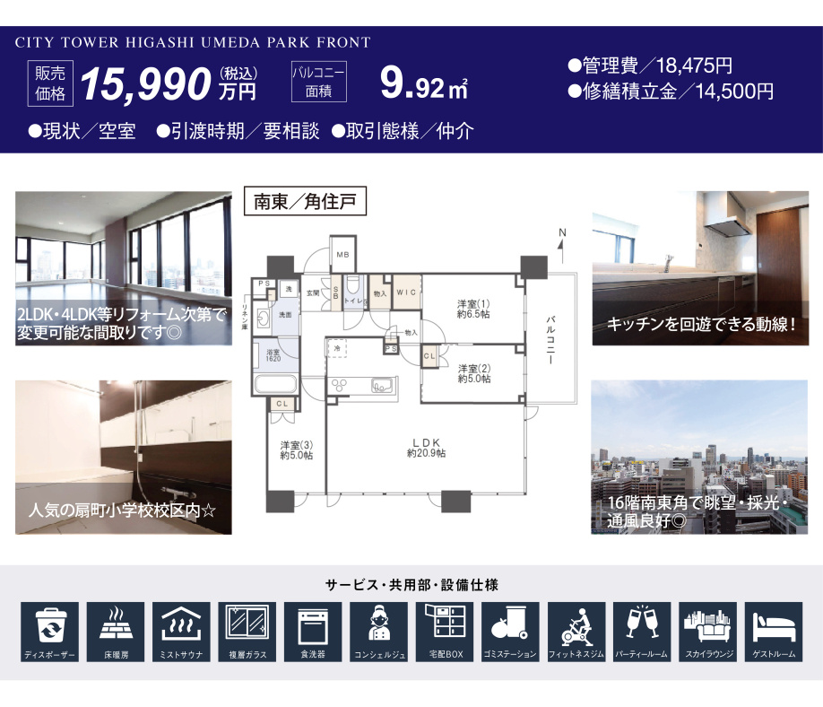 シティタワー東梅田パークフロント16階／3LDK／南東角住戸のご紹介
