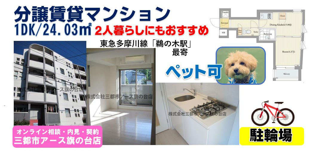 【鵜の木駅】“静かに暮らせる東京”をご紹介♪ペット可・1DK分譲賃貸マンションの画像