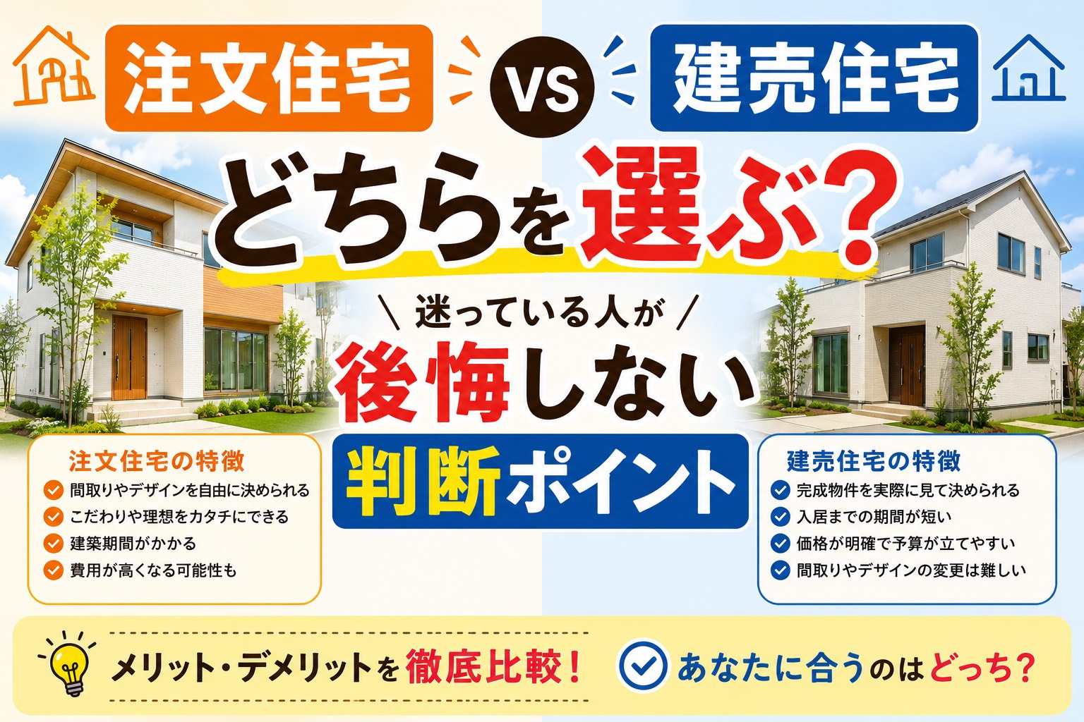 注文住宅と建売住宅どちらを選ぶ?迷っている人が後悔しない判断ポイントを解説の画像