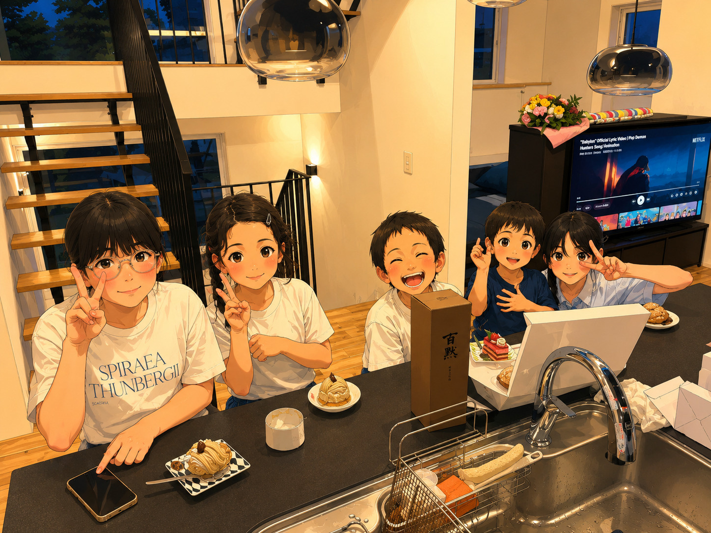 子供たちだけでケーキを食べているイラスト