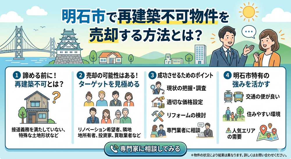 明石市で再建築不可物件を売却する方法｜売れないと諦める前に知っておきたいポイントの画像