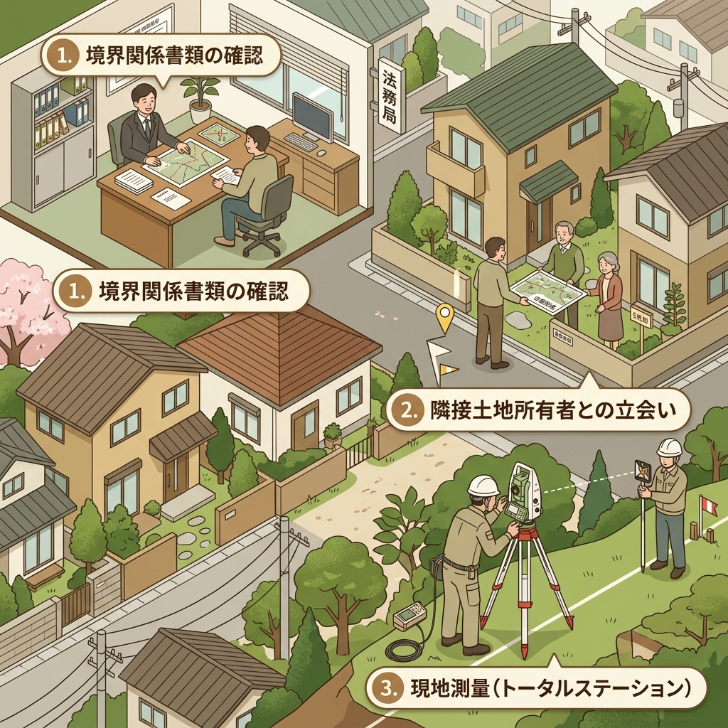 境界確定測量の手順イメージイラスト ※イメージ
