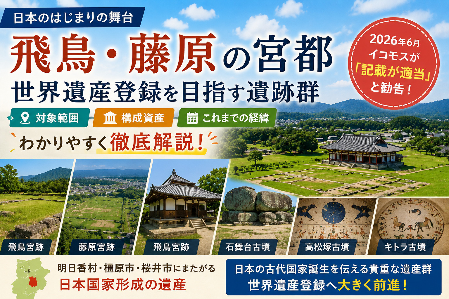 世界の文化史跡 飛鳥・藤原の宮都とは？世界遺産登録を目指す範囲・構成資産・経緯を