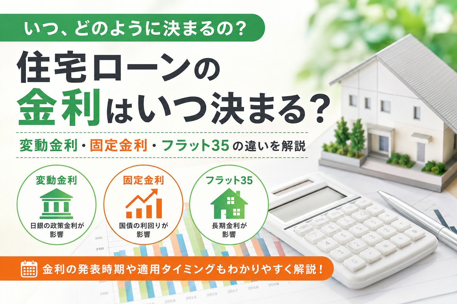 住宅ローンの金利はいつ決まる？変動金利・固定金利・フラット35の違いを解説の画像
