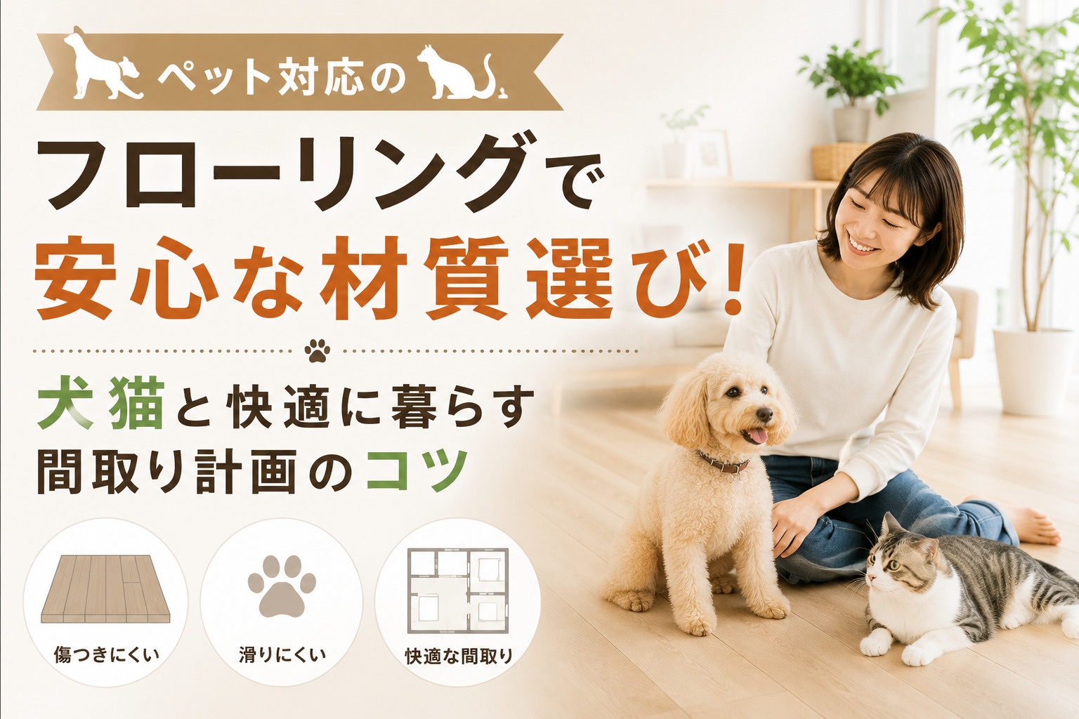 ペット対応のフローリングで安心な材質選び!犬猫と快適に暮らす間取り計画のコツの画像