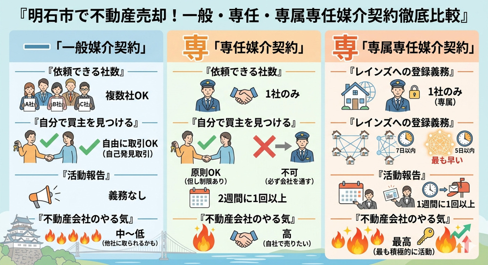 明石市で不動産売却するなら媒介契約はどれを選ぶべき？一般・専任・専属専任の違いを徹底解説の画像