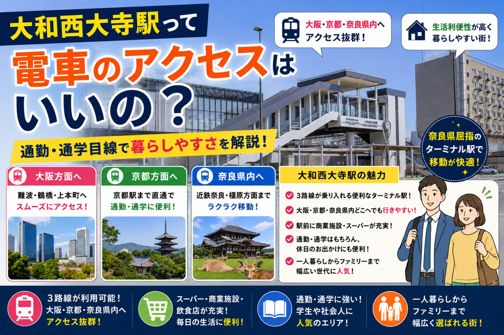 大和西大寺駅って電車のアクセスはいいの？通勤・通学目線で暮らしやすさを解説の画像